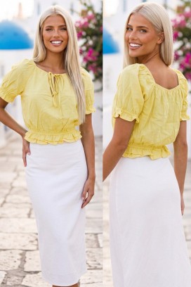 ELVIRANA YELLOW rövid női blúz megkötőkkel és puffos ujjakkal