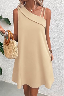 IVRINIA BEIGE elegáns rövid ruha aszimmetrikus dekoltázzsal, bő fazonnal