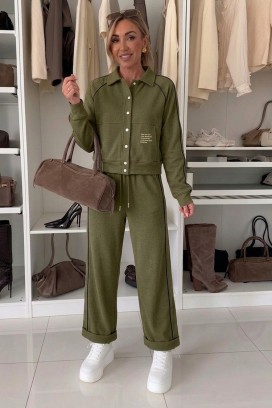 LAMONIA KHAKI női sportosan elegáns szett rövid dzsekivel és jogger nadrággal